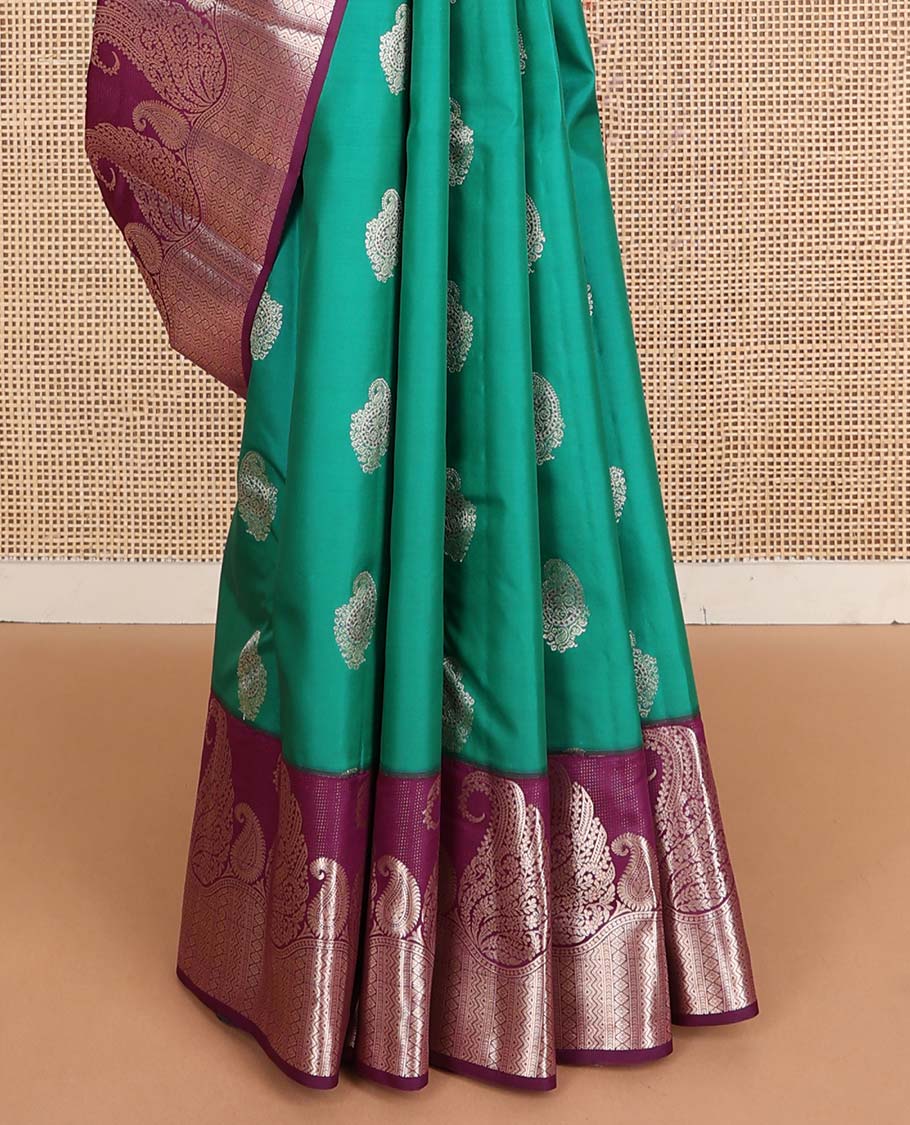 Green manga buttas Vasundhara silk mix saree, contrast manga butta & geometric patterns border & pallu of spade designs