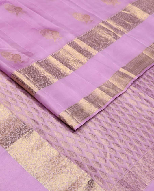 Pink mayil buttas Vasundhara silk mix saree, rettai pettu border of rekku, banaras, poun, mayil, and kuyil kann designs, and zari design pallu