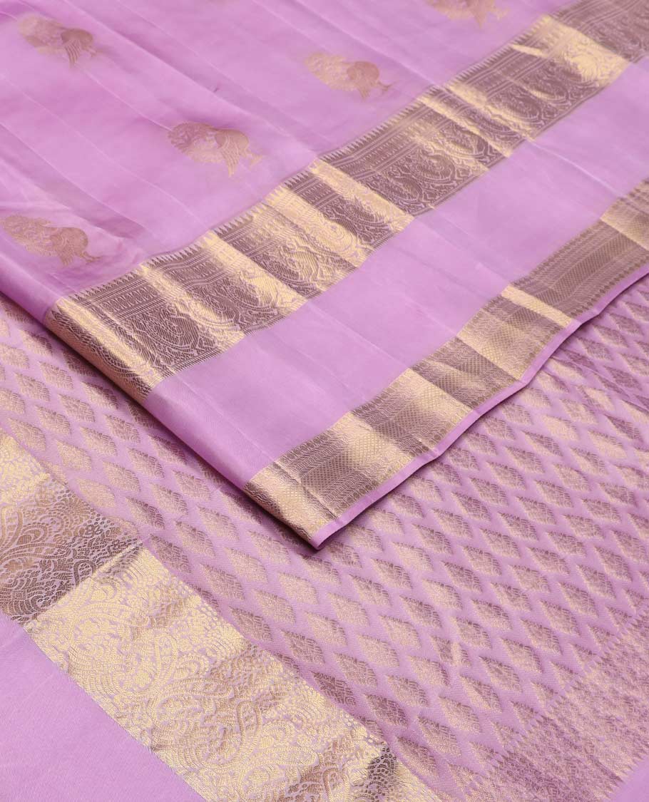 Pink mayil buttas Vasundhara silk mix saree, rettai pettu border of rekku, banaras, poun, mayil, and kuyil kann designs, and zari design pallu