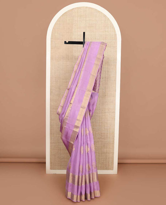 Pink mayil buttas Vasundhara silk mix saree, rettai pettu border of rekku, banaras, poun, mayil, and kuyil kann designs, and zari design pallu