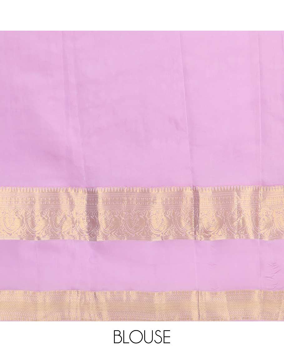 Pink mayil buttas Vasundhara silk mix saree, rettai pettu border of rekku, banaras, poun, mayil, and kuyil kann designs, and zari design pallu