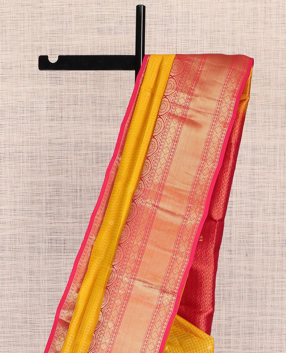 Yellow Zari Checked Vasundhara Lite Silk Mix Saree, a Contrast Chakram Zari Border, Contrast Blouse