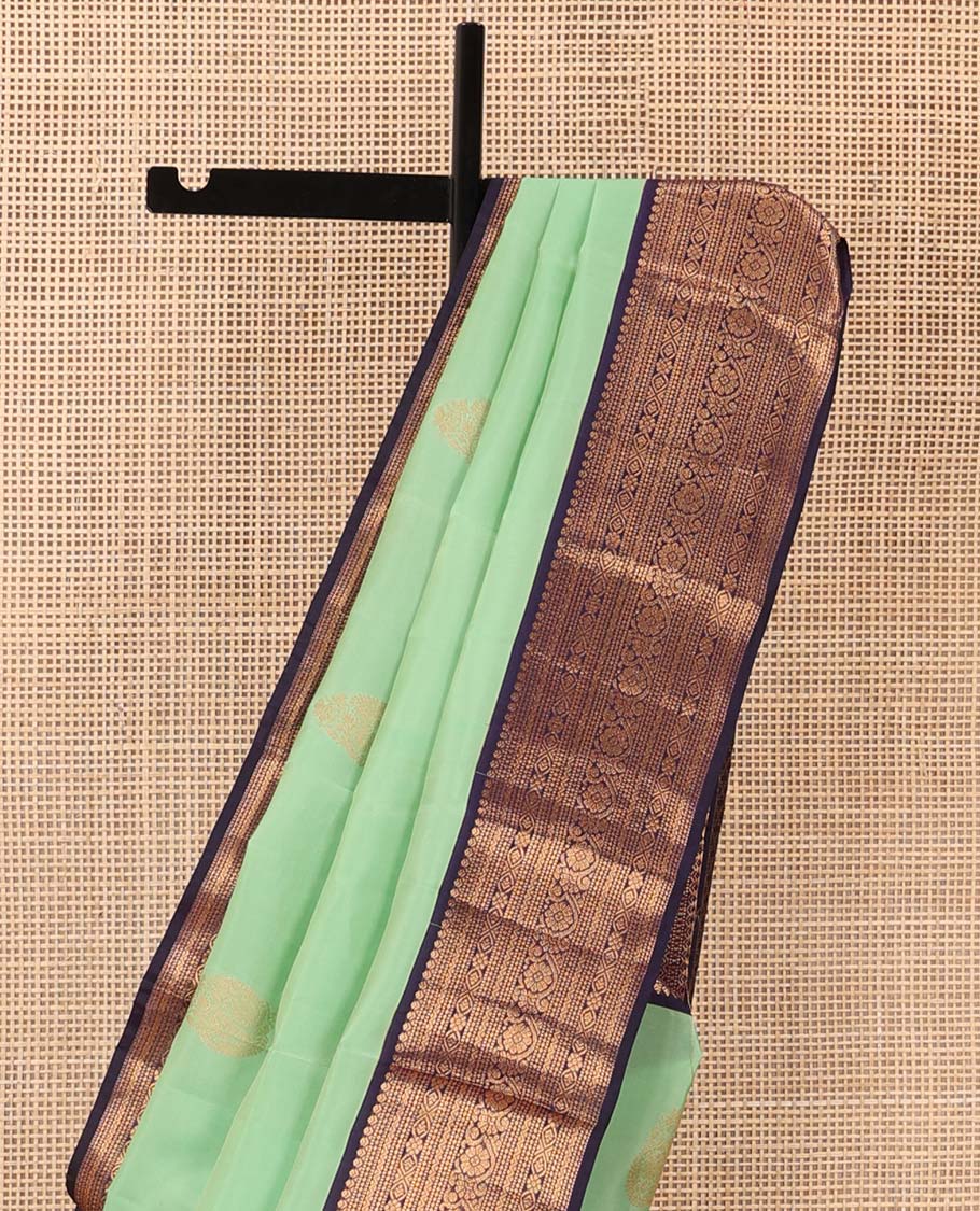 Green zari buttas Vasundhara silk mix saree, contrast traditional zari border, and jaal pallu