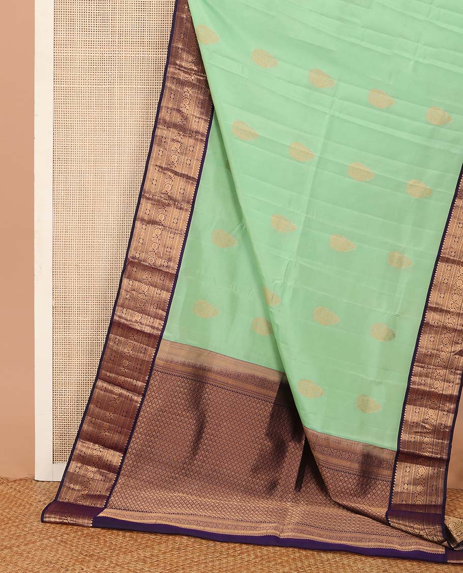 Green zari buttas Vasundhara silk mix saree, contrast traditional zari border, and jaal pallu