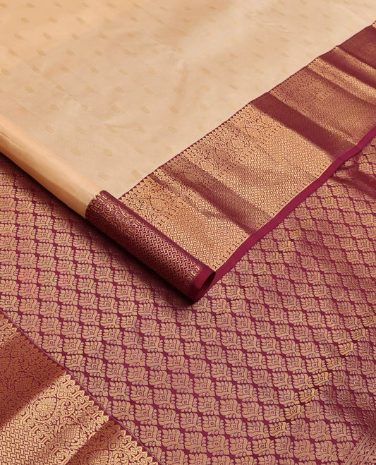 Sandal zari buttas Vasundhara silk mix saree, contrast geometric patterned zari border, and jaal pallu