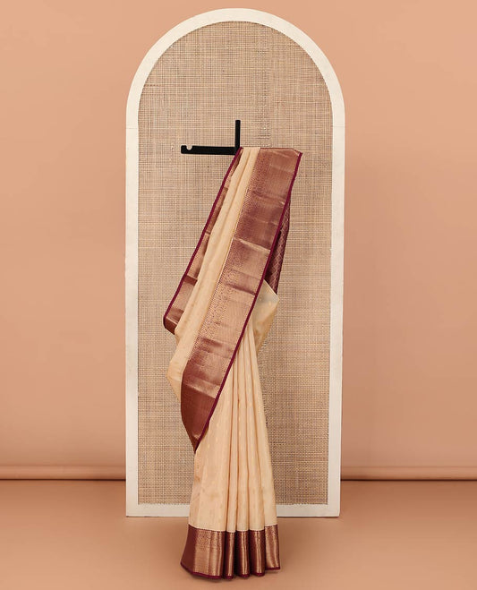 Sandal zari buttas Vasundhara silk mix saree, contrast geometric patterned zari border, and jaal pallu