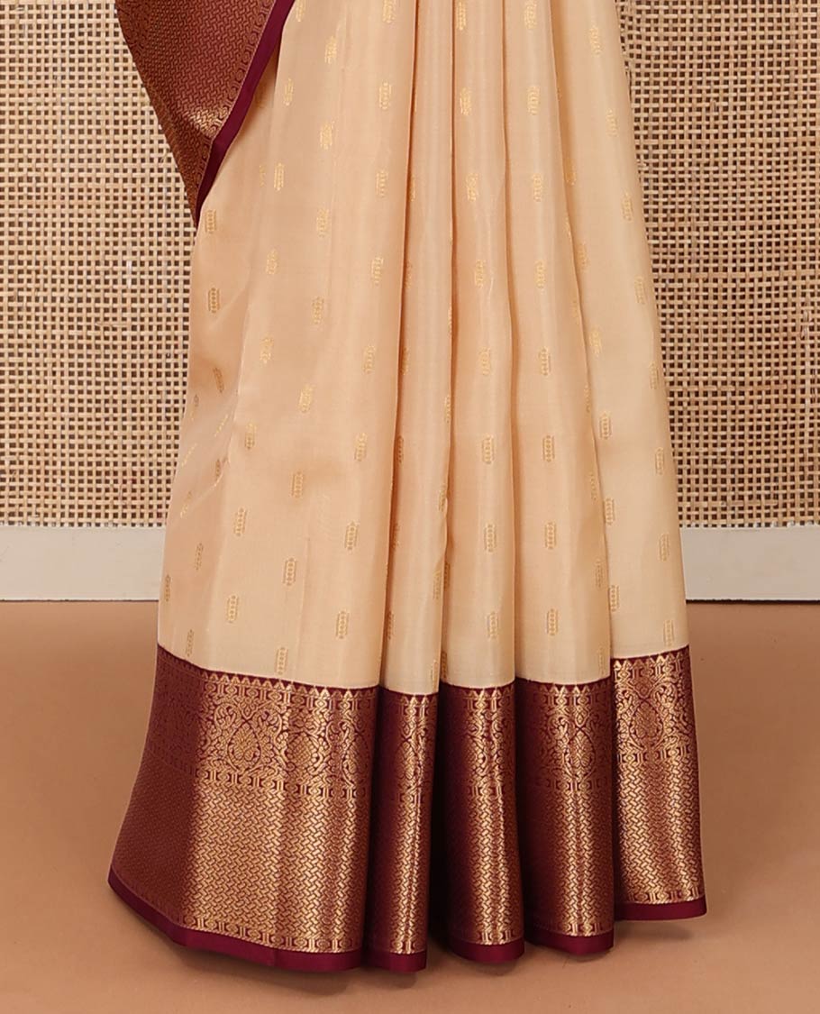 Sandal zari buttas Vasundhara silk mix saree, contrast geometric patterned zari border, and jaal pallu