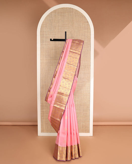 Baby pink buttas vasundhara elite silk saree with contrast floral design border & ogee design pallu