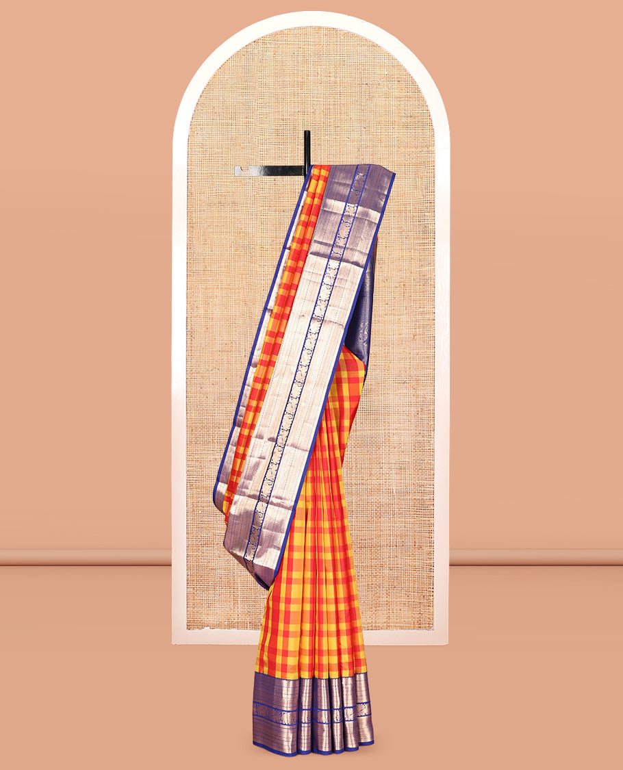 Red-Yellow Checked Vasundhara Lite Silk Mix Saree, a Contrast Traditional Zari Border of Mayil and Yaanai  Designs, Grand Pallu, and a Contrast Blouse