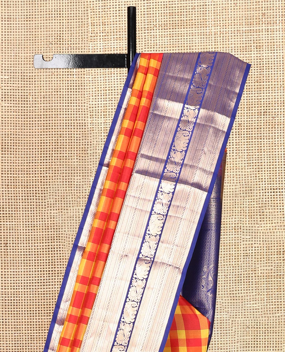 Red-Yellow Checked Vasundhara Lite Silk Mix Saree, a Contrast Traditional Zari Border of Mayil and Yaanai  Designs, Grand Pallu, and a Contrast Blouse