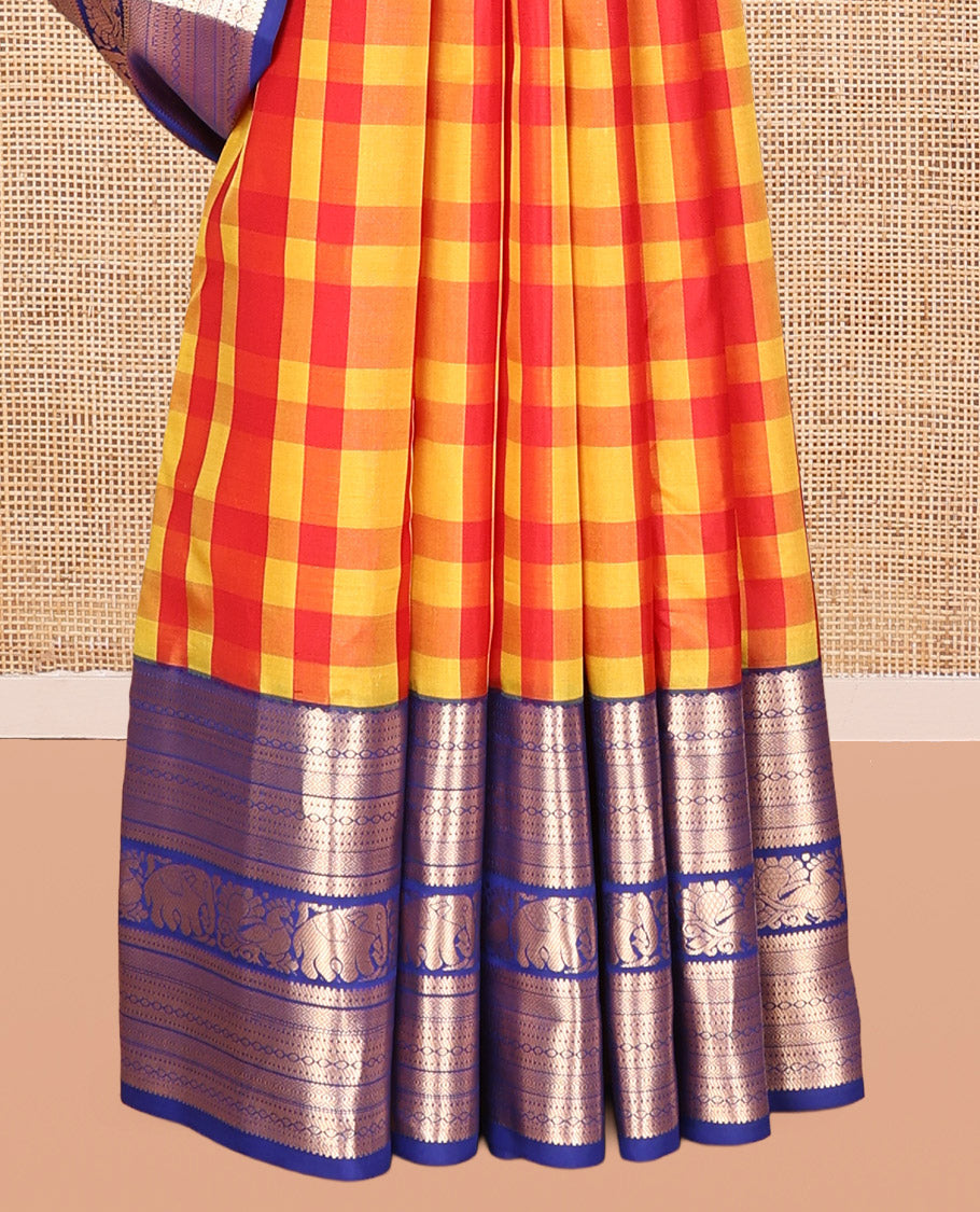 Red-Yellow Checked Vasundhara Lite Silk Mix Saree, a Contrast Traditional Zari Border of Mayil and Yaanai  Designs, Grand Pallu, and a Contrast Blouse