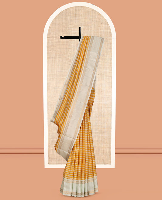Yellow Checked Vasundhara Lite Silk Mix Saree, a Contrast Rettai Pettu Border, Zari Striped Pallu, and a Contrast Blouse