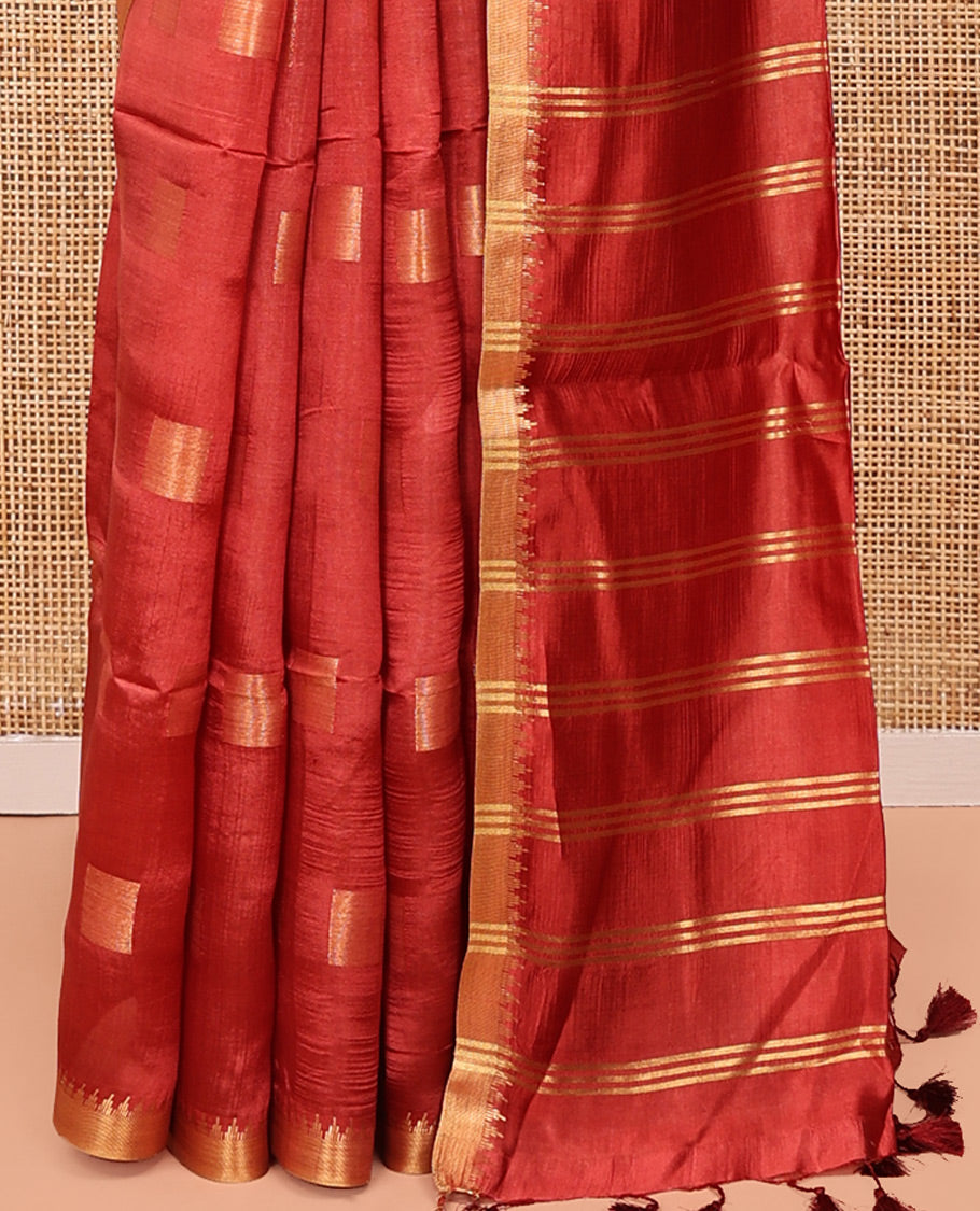 Red Banana Pith Saree, Adorned with Square Buttas All Over Its Body, Highlighted by a Zari Temple Border, Gleaming Zari Striped Pallu, and Paired with a Matching Blouse