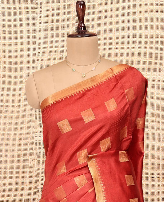 Red Banana Pith Saree, Adorned with Square Buttas All Over Its Body, Highlighted by a Zari Temple Border, Gleaming Zari Striped Pallu, and Paired with a Matching Blouse