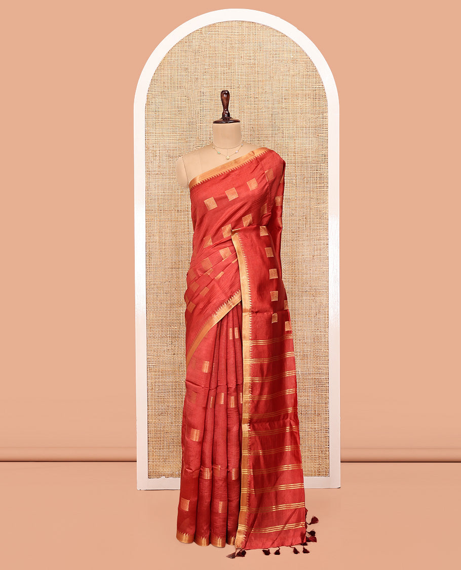 Red Banana Pith Saree, Adorned with Square Buttas All Over Its Body, Highlighted by a Zari Temple Border, Gleaming Zari Striped Pallu, and Paired with a Matching Blouse