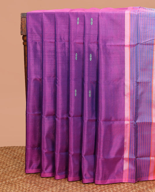Borderless Purple Banana Pith Saree, Detailed with Buttas All Over Its Body, Complemented by a Contrast Pallu Depicting Buttas, and Paired with a Contrast Blouse
