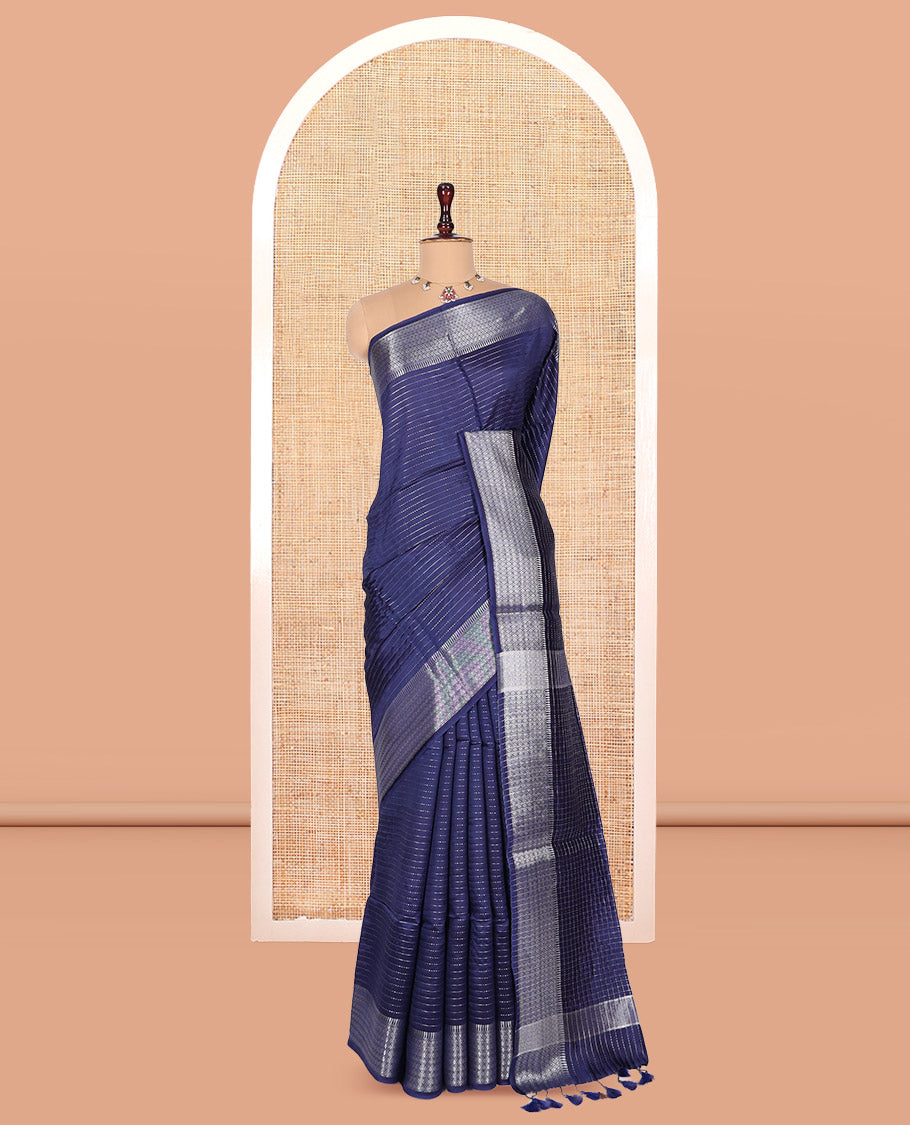Blue Banana Pith Saree, Enriched with Zari Stripes, a Zari Border, Checked Pallu, and Matching Blouse