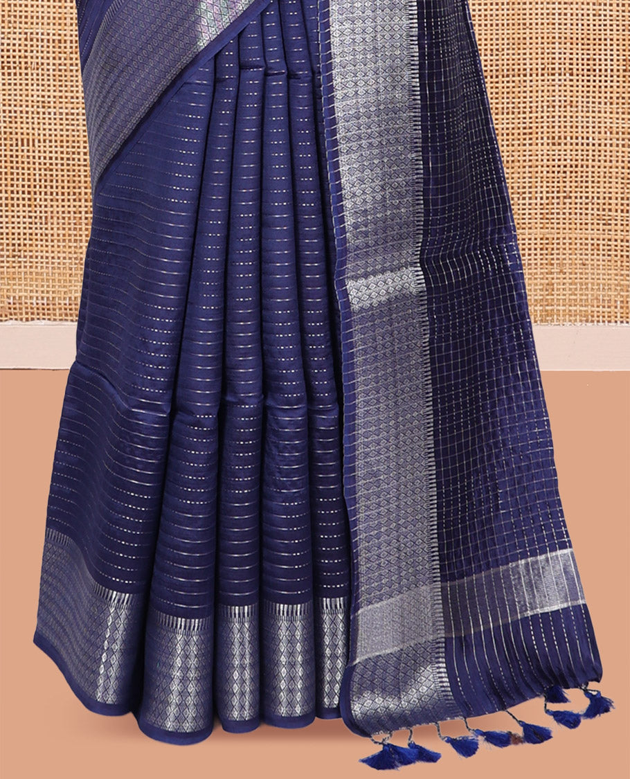 Blue Banana Pith Saree, Enriched with Zari Stripes, a Zari Border, Checked Pallu, and Matching Blouse