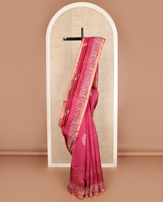 Maroon feather motifs printed banana pith saree, zari with print work border, and printed pallu