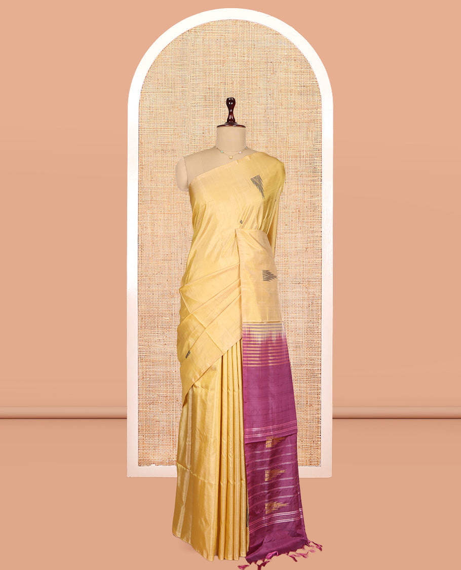 Borderless Gold Banana Pith Saree, Woven with Temple Buttas, a Contrast Pallu of Stripes and Temple Design, and a Contrast Blouse