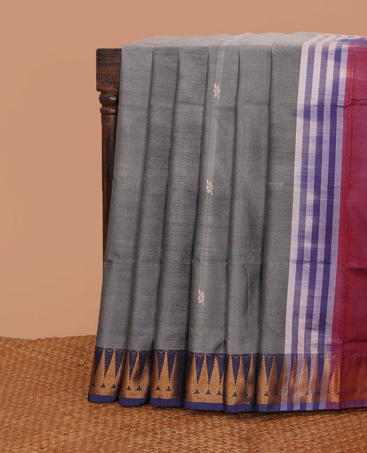 Grey buttas banana pith saree, contrast temple border, and contrast pallu of stripes, and buttas
