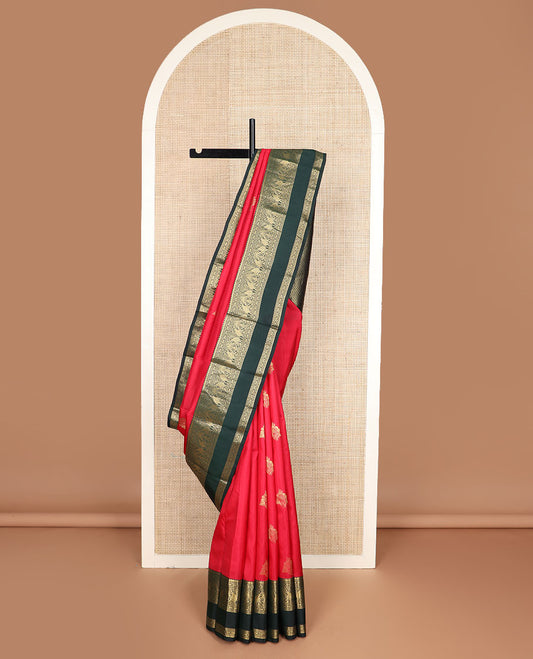 Red zari buttas silk saree, contrast rettai pettu border of muthu,banaras,yaanai & kili & jaal pallu