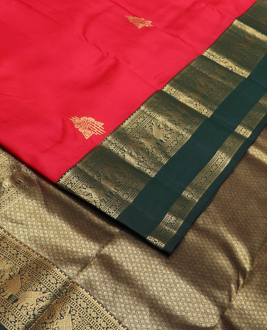 Red zari buttas silk saree, contrast rettai pettu border of muthu,banaras,yaanai & kili & jaal pallu