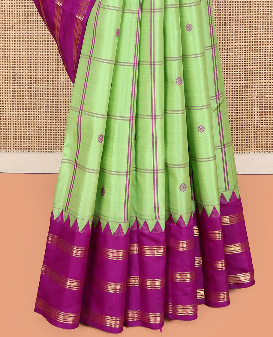 Green Vasundhara Silk Saree, Delicately Woven with Butta Enclosed Checks, Complemented by a Contrast Thazampoo Rekku Border of Banaras, Intricately Designed Pallu, and a Contrast Blouse