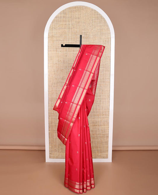 Red floral buttas silk saree with self muthu, banaras, kuyil kann design & jaal design pallu