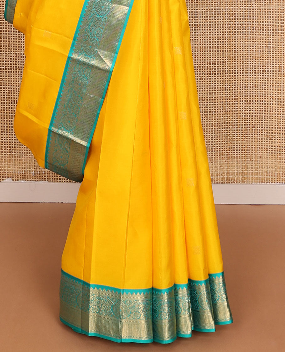 Yellow zari buttas silk saree, contrast intricate pallu & border of rekku,muthu,floral & kuyil kann designs