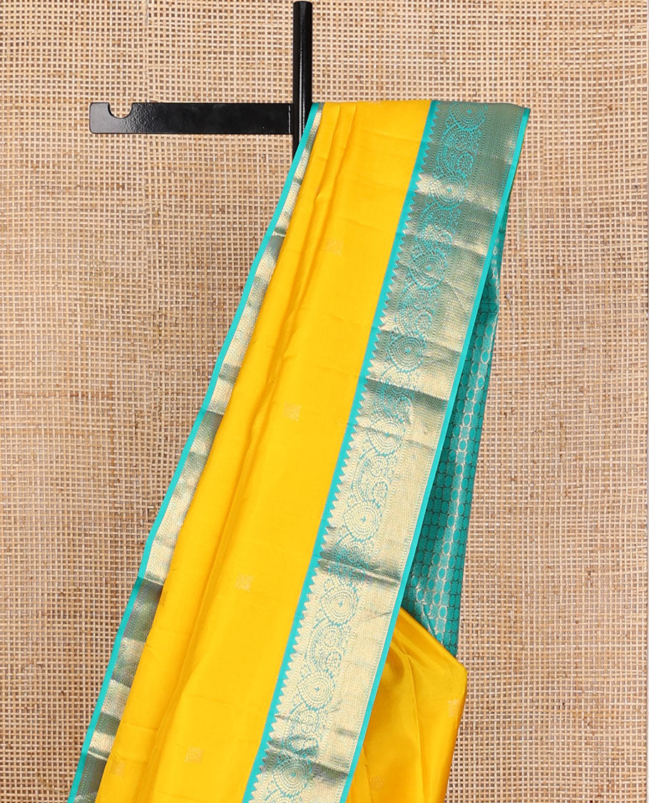 Yellow zari buttas silk saree, contrast intricate pallu & border of rekku,muthu,floral & kuyil kann designs