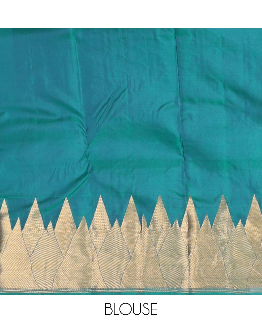 Peacock blue chakram buttas silk saree, zari border of vanki, zari stripes & mayil kann designs & jaal pallu