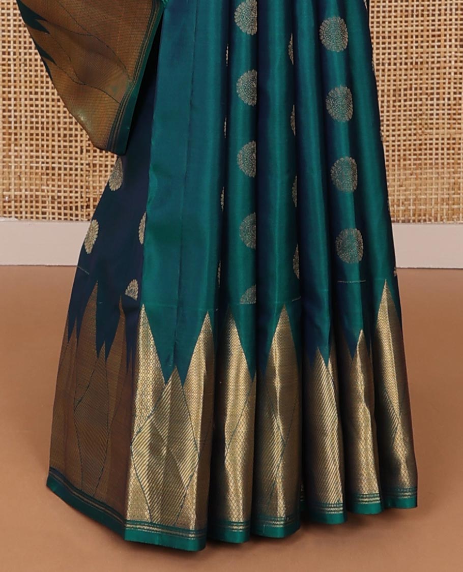 Peacock blue chakram buttas silk saree, zari border of vanki, zari stripes & mayil kann designs & jaal pallu