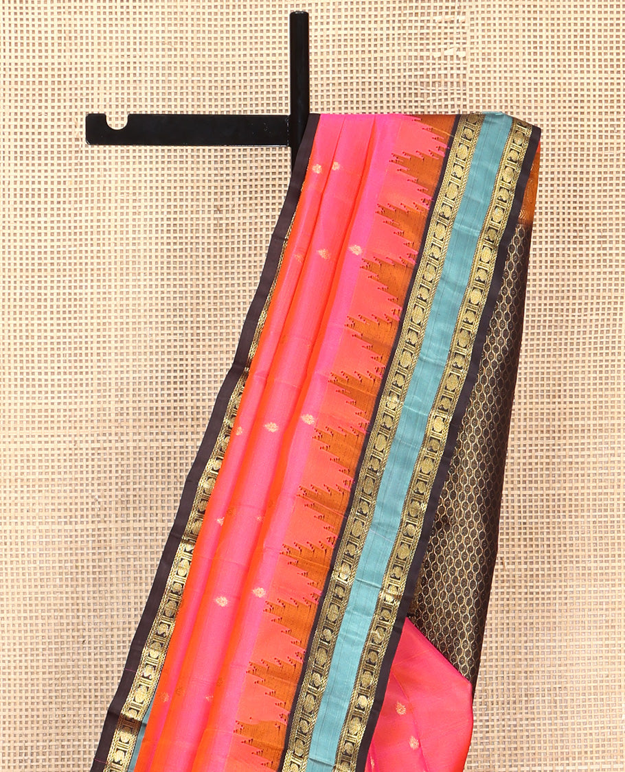 Pink Vasundhara Silk Saree, Adorned with Zari Buttas All Over Its Body, Complemented by Contrast Temple Rettai Pettu Border of Manga and Poun Designs, Grand Pallu and Paired with a Contrast Blouse