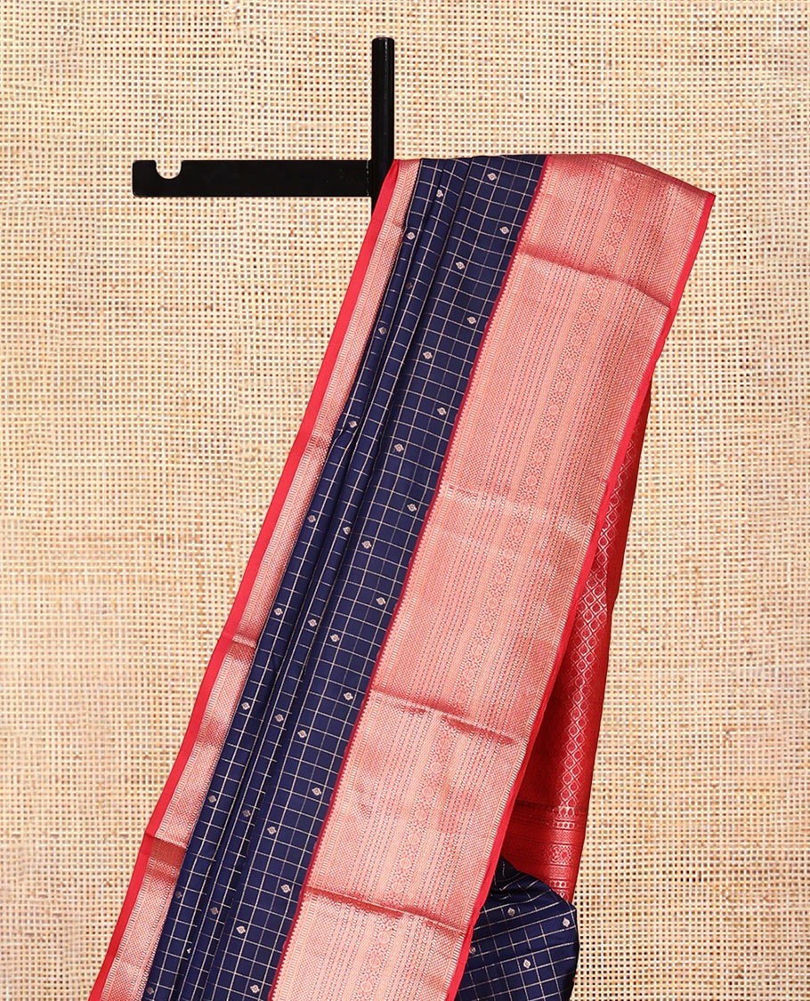 Blue Vasundhara Silk Saree, Woven with Zari Butta Enclosed Checks, Contrast Border of Thilakam Mokku, Muthu, Rettai Neli, and Geometric Designs, Jaal Pallu, and Contrast Blouse