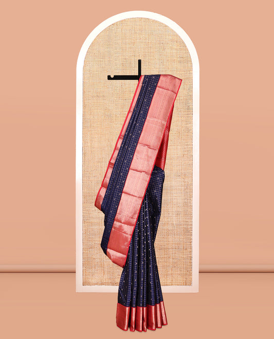 Blue Vasundhara Silk Saree, Woven with Zari Butta Enclosed Checks, Contrast Border of Thilakam Mokku, Muthu, Rettai Neli, and Geometric Designs, Jaal Pallu, and Contrast Blouse