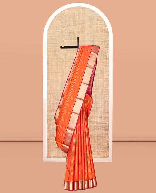 Orange Zari Checked Vasundhara Silk Saree, Complemented by a Contrast Border of Rekku, Manga, Banaras, and Ara Maadam Designs, Jaal Pallu, and a Contrast Blouse