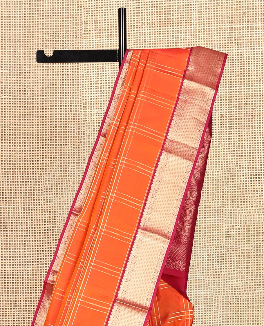 Orange Zari Checked Vasundhara Silk Saree, Complemented by a Contrast Border of Rekku, Manga, Banaras, and Ara Maadam Designs, Jaal Pallu, and a Contrast Blouse