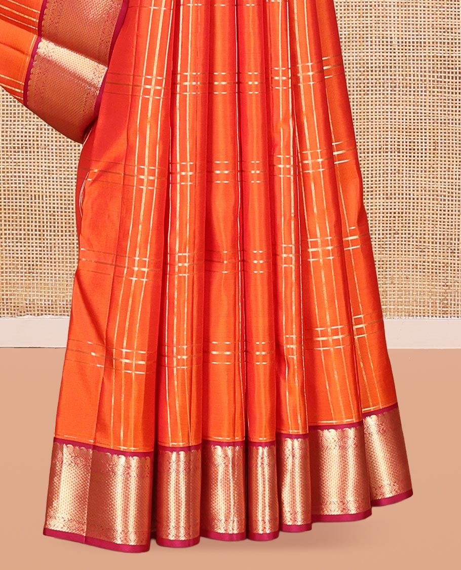Orange Zari Checked Vasundhara Silk Saree, Complemented by a Contrast Border of Rekku, Manga, Banaras, and Ara Maadam Designs, Jaal Pallu, and a Contrast Blouse