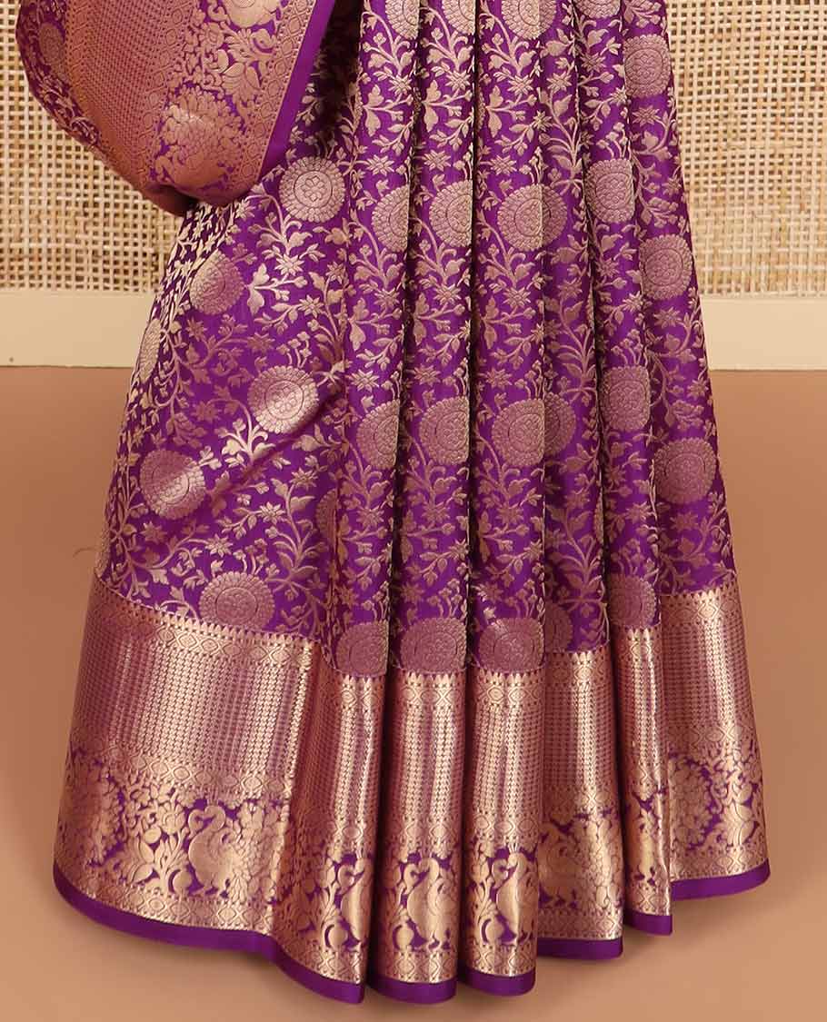 Purple floral jacqaurd kancheepuram silk saree with self intricate zari design border & floral design pallu