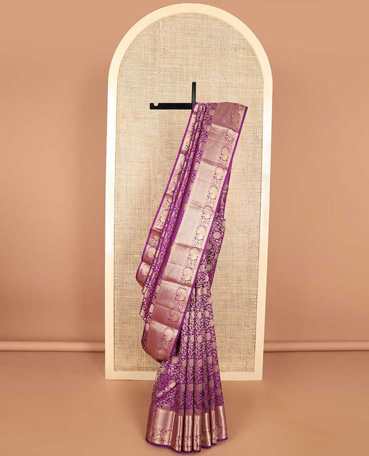 Purple floral jacqaurd kancheepuram silk saree with self intricate zari design border & floral design pallu