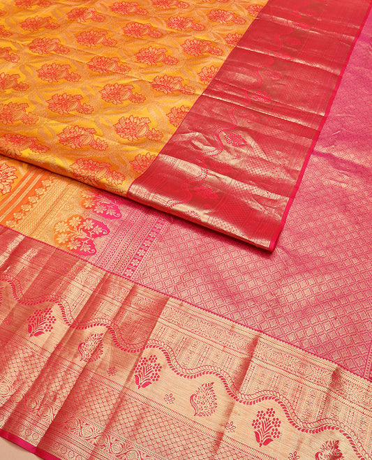 Yellow meenakari jacquard Kanchipuram wedding silk saree, contrast traditional zari design border, and zari-rich jaal pallu
