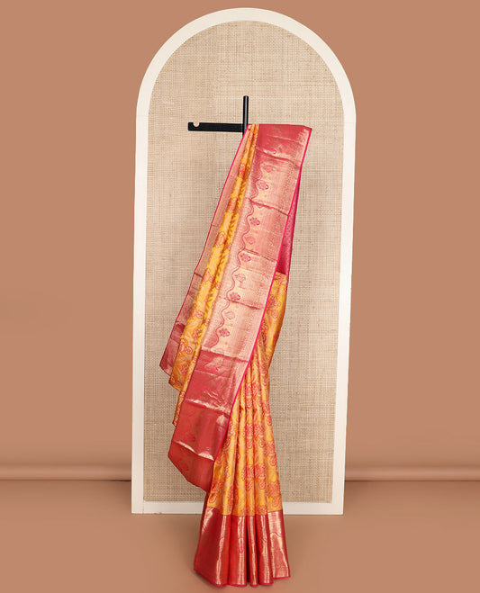 Yellow meenakari jacquard Kanchipuram wedding silk saree, contrast traditional zari design border, and zari-rich jaal pallu