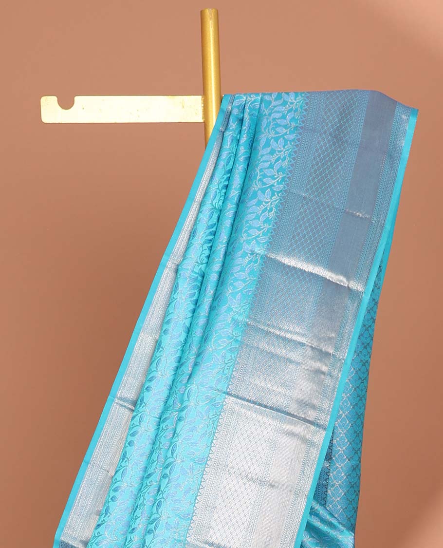 Blue  floral jacquard kancheepuram silk saree with self zari border & argyle zari design pallu