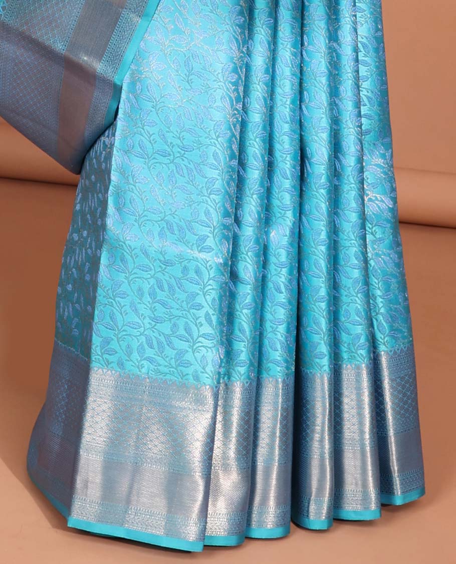 Blue  floral jacquard kancheepuram silk saree with self zari border & argyle zari design pallu