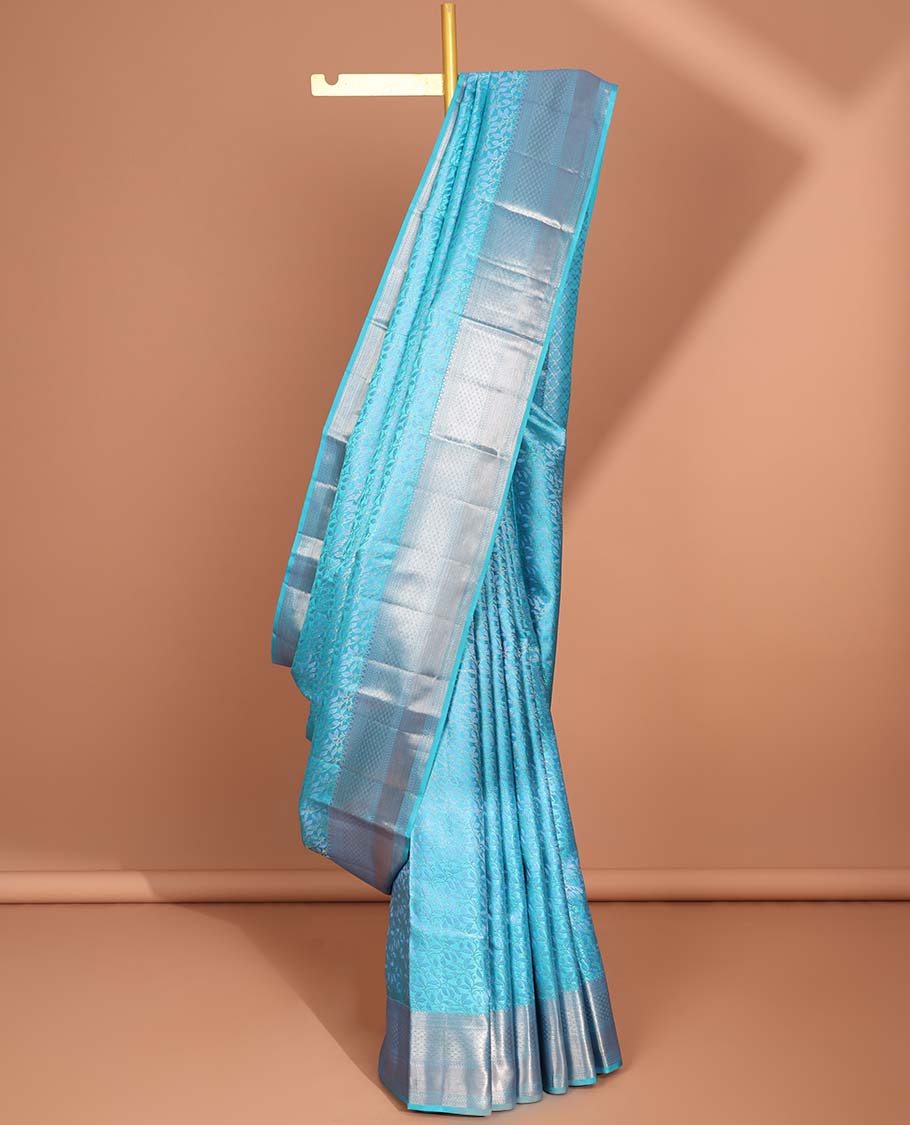 Blue  floral jacquard kancheepuram silk saree with self zari border & argyle zari design pallu