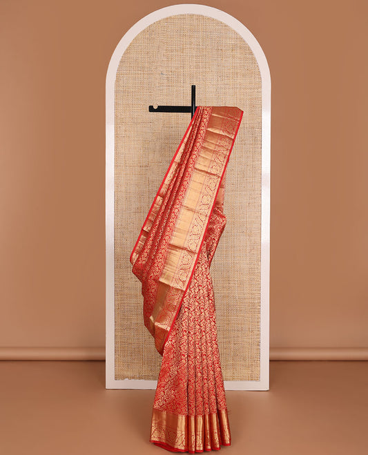 Red floral jaal jacquard wedding silk saree, zari border of rekku & dhavana kodi designs & pallu of zari woven jaal design
