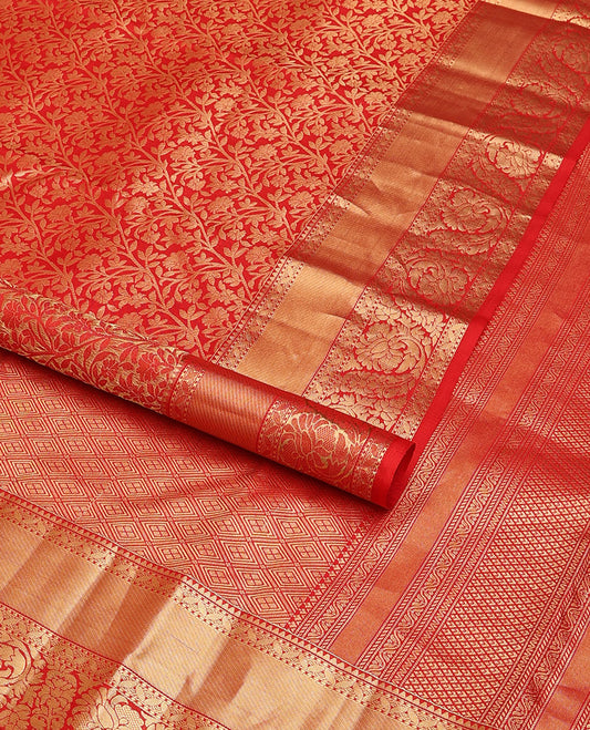 Red floral jaal jacquard wedding silk saree, zari border of rekku & dhavana kodi designs & pallu of zari woven jaal design