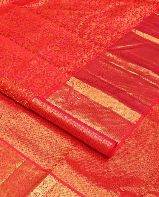 Red floral jacquard wedding silk saree, traditional zari design border, and zari-rich jaal pallu