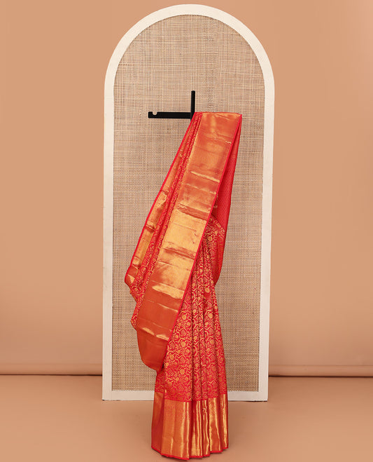 Red floral jacquard wedding silk saree, traditional zari design border, and zari-rich jaal pallu